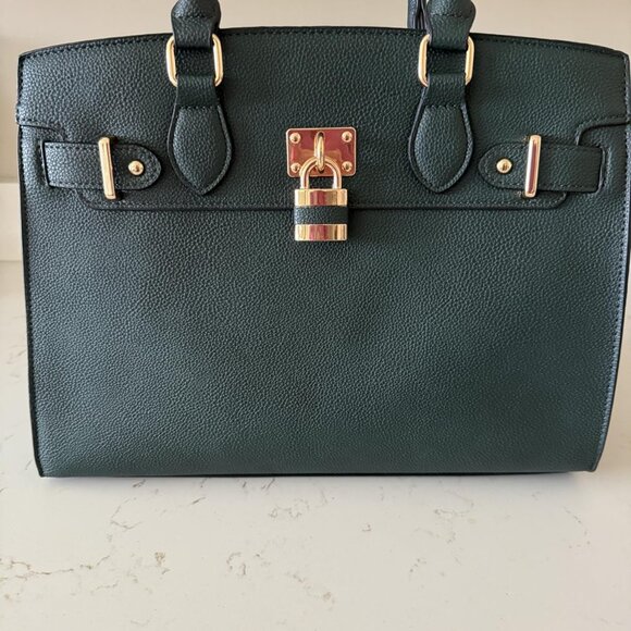 Neiman Marcus Dasein Women Dark Green Vegan Leather Lock Style Top Handle Bag - Picture 1 of 4